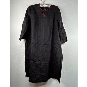 Handmade Kyrgyzstan Dress 3/4 Sleeve Keyhole Neck Large Linen Black Pinstripe